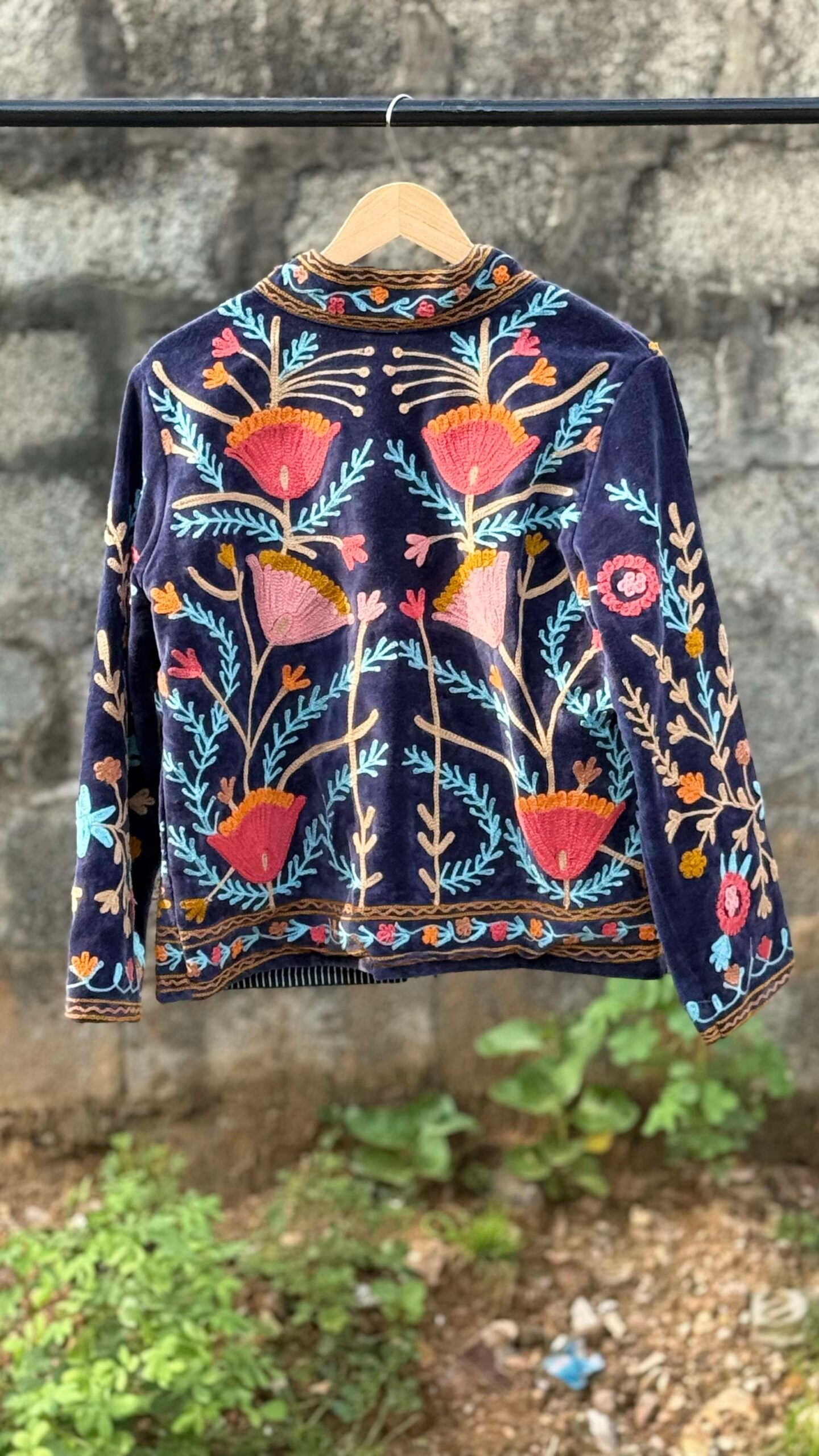 Womens Navy Blue Velvet Embroidered Jacket with Floral Design - Image 6